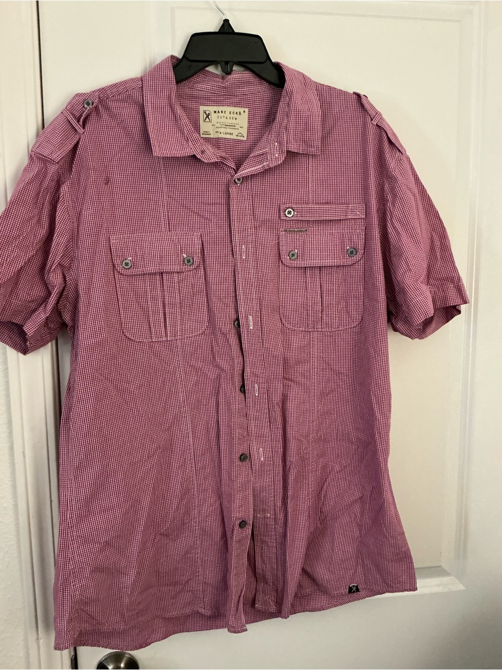 Marc Ecko Cut & Sew Men's XL Red Gingham Short Sleeve Button Down Utility Shirt